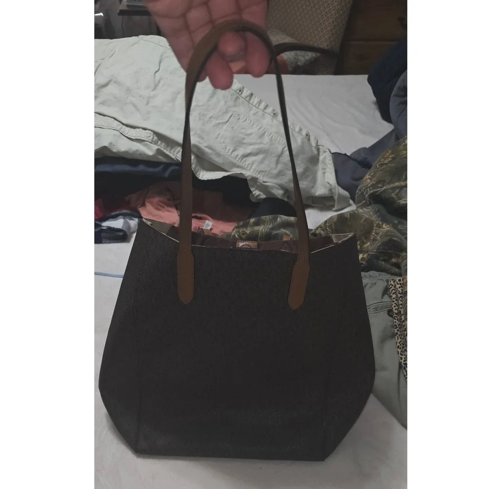 Michael Kors Signature Logo Tote Bag Brown Monogram Leather Trim Shopper Handbag